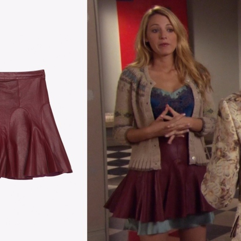 10 Crosby Tulip Flared Leather Skirt Bordeaux